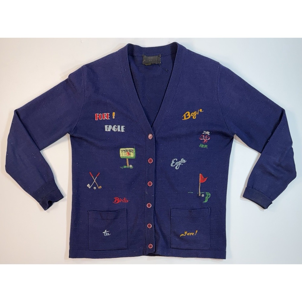 Vintage Golf Cardigan Sweater Navy Embroidered Birdie Eagle 80s 90s
